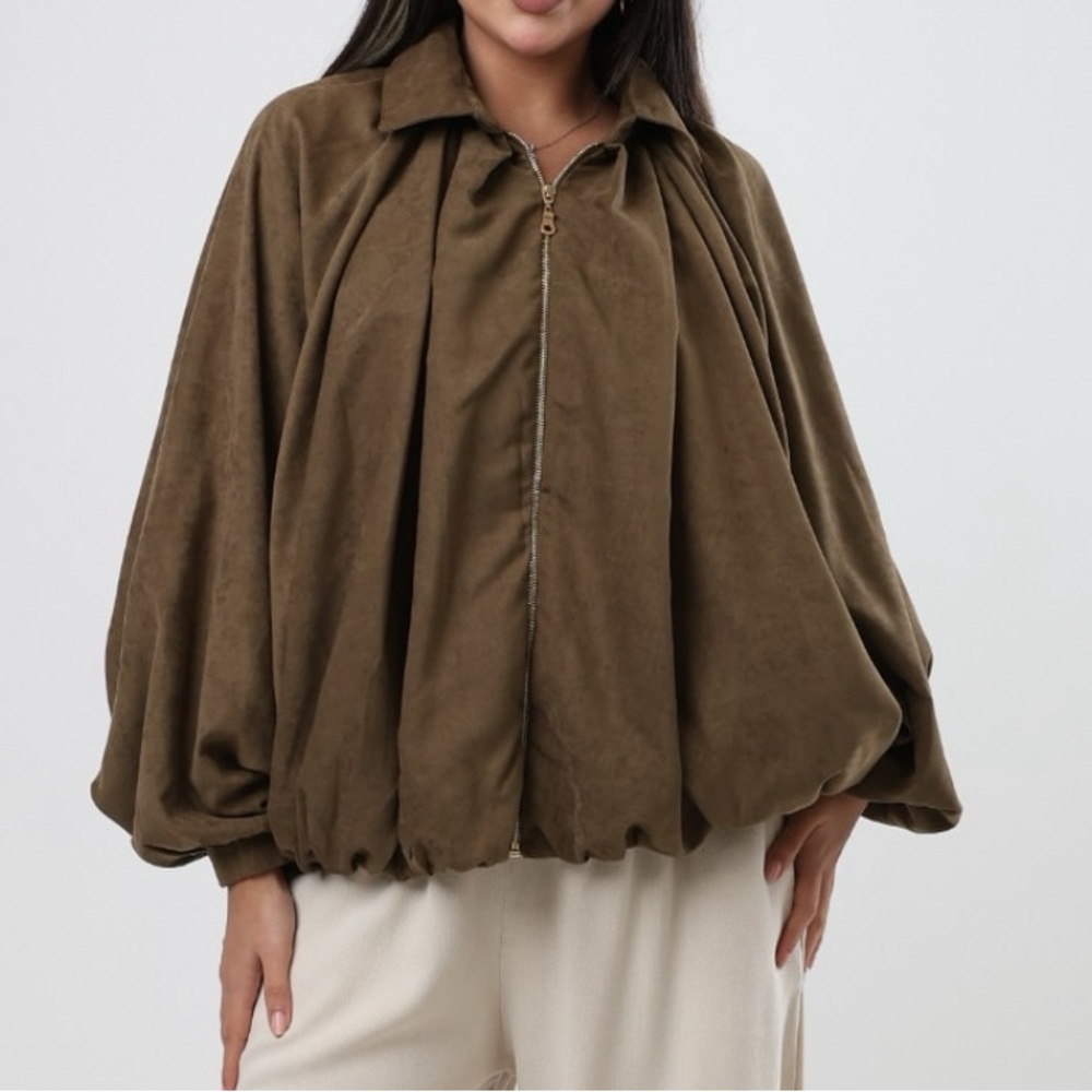 FROM PARIS FRANCE 🇫🇷 Brown faux Suede like Zip-Up Jacket